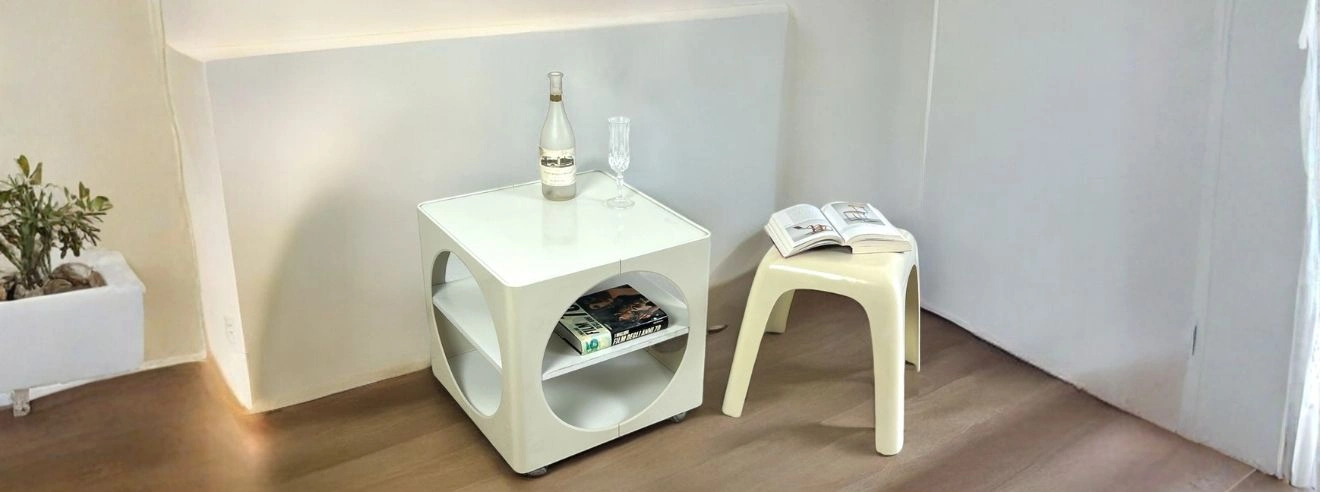 70 bar cart with plastic stool in warm white tones