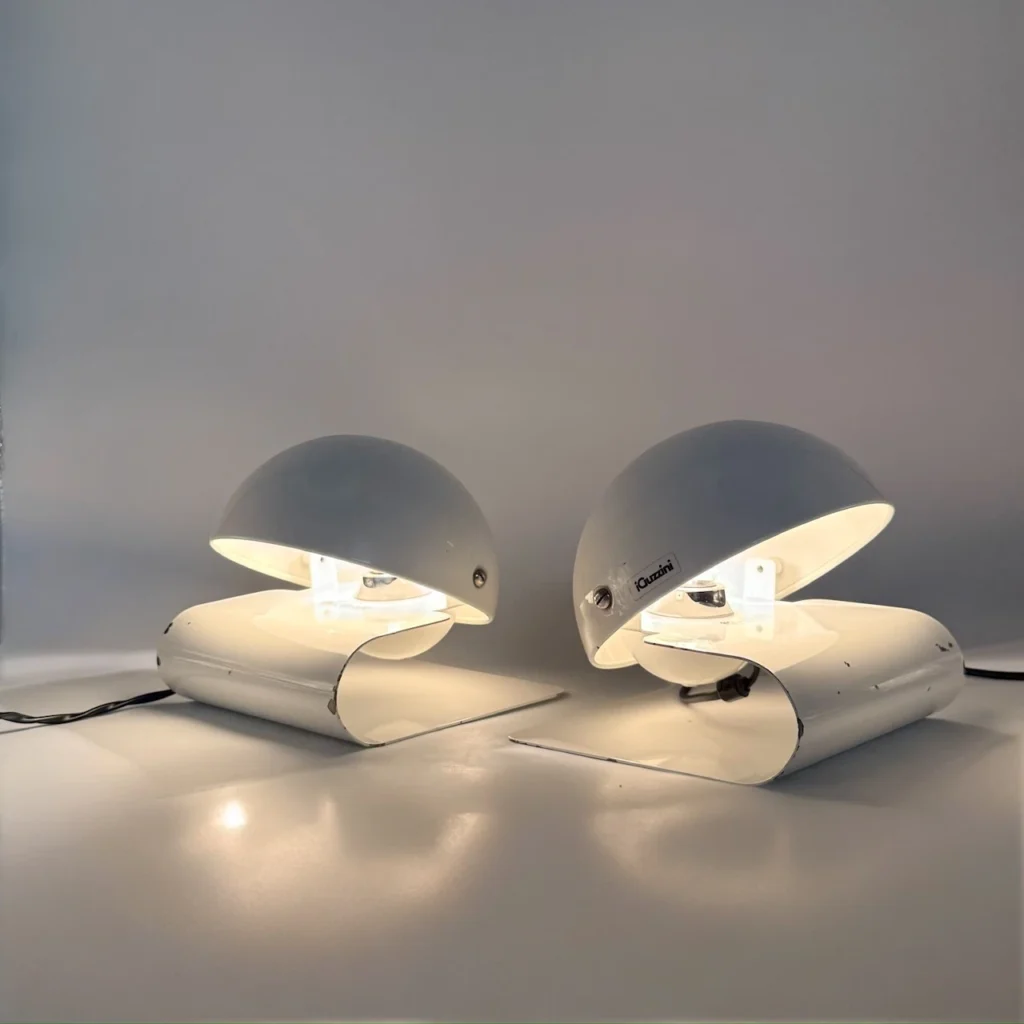 bugia lamp pair iguzzini 1970s white metal space age table lamps