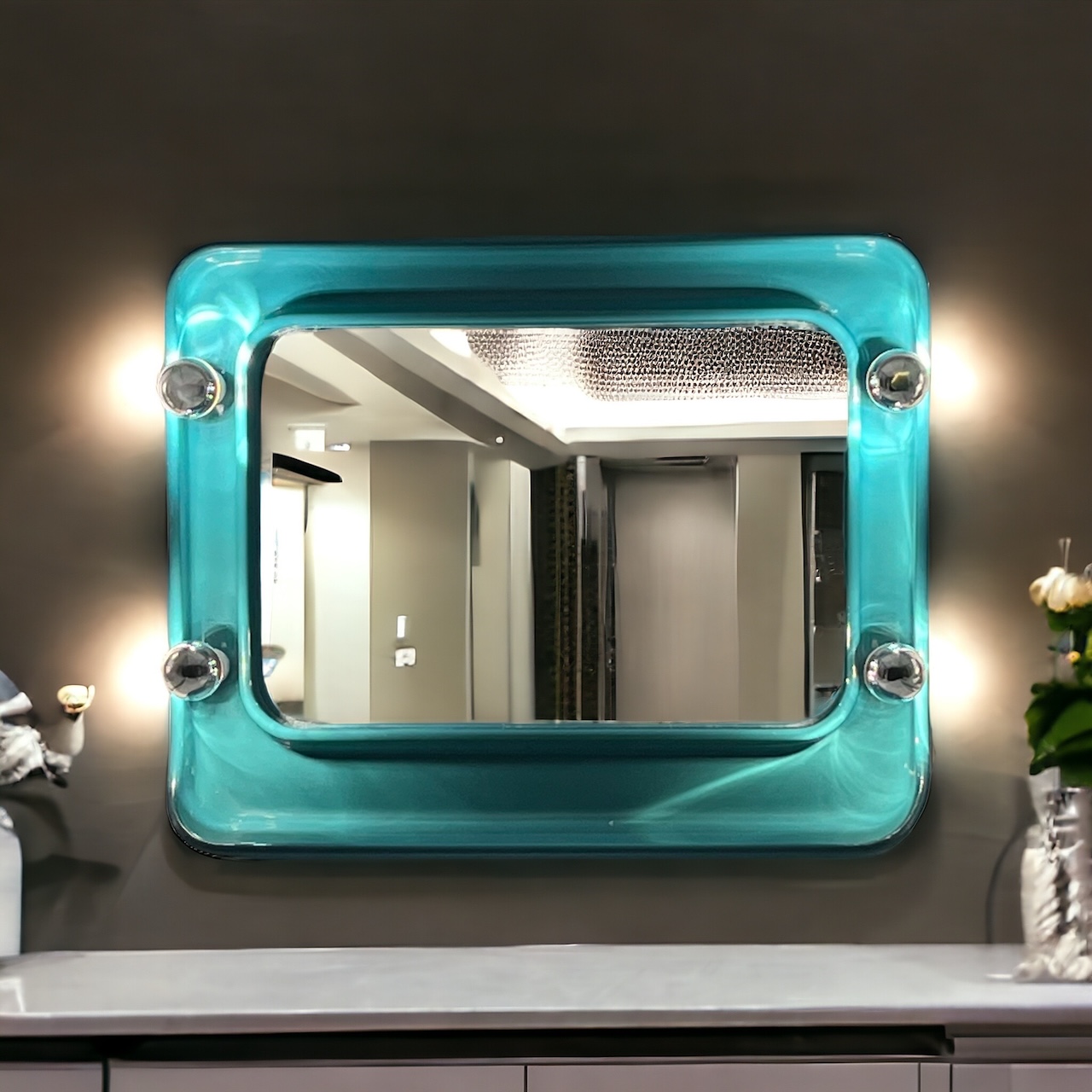Space Age Turquoise Wall Mirror with Lights 70s - Image 8