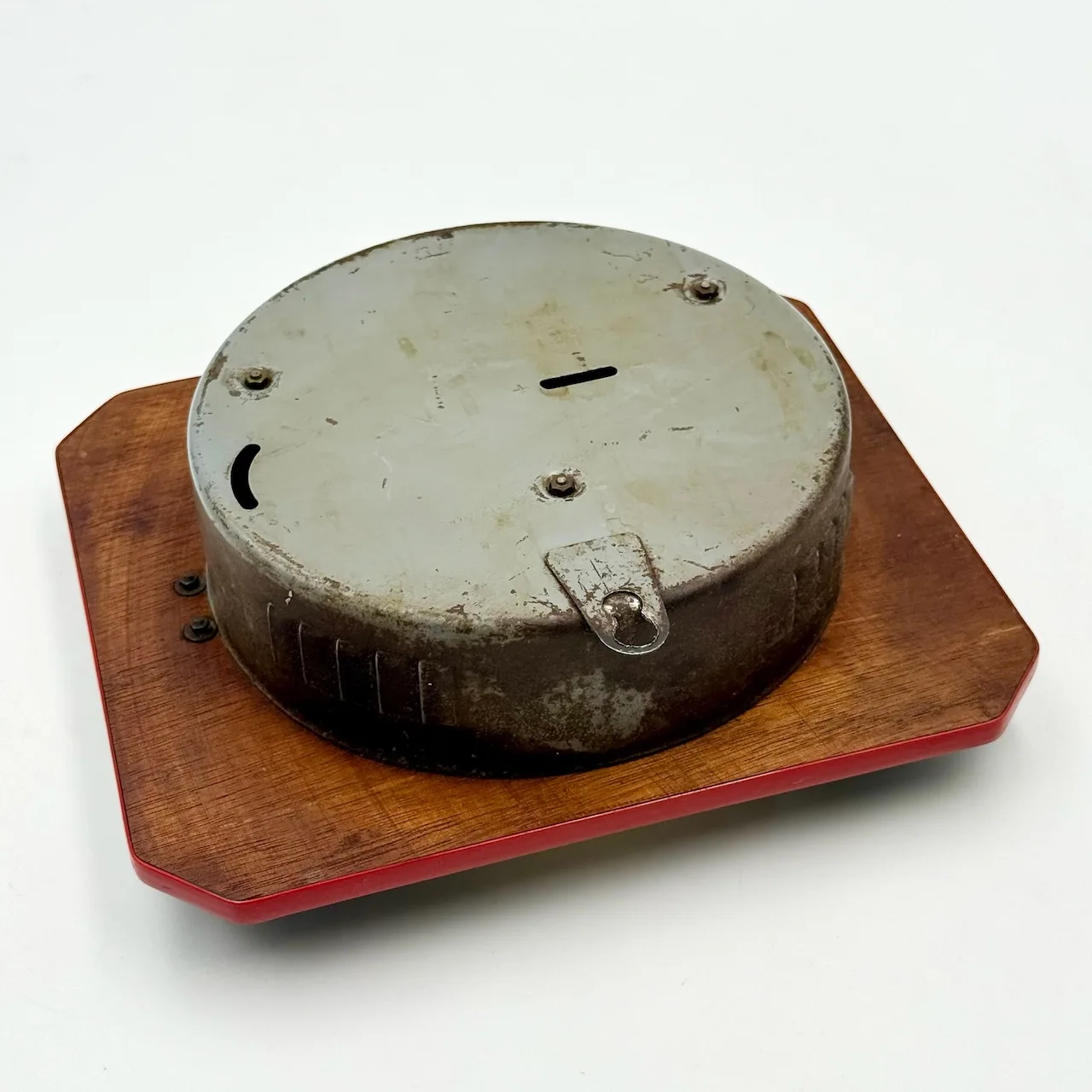 Authentic vintage French wall clock by FFR 1950s, black and ivory Formica with coral edge, brass hands, glass window and original key, Made in France