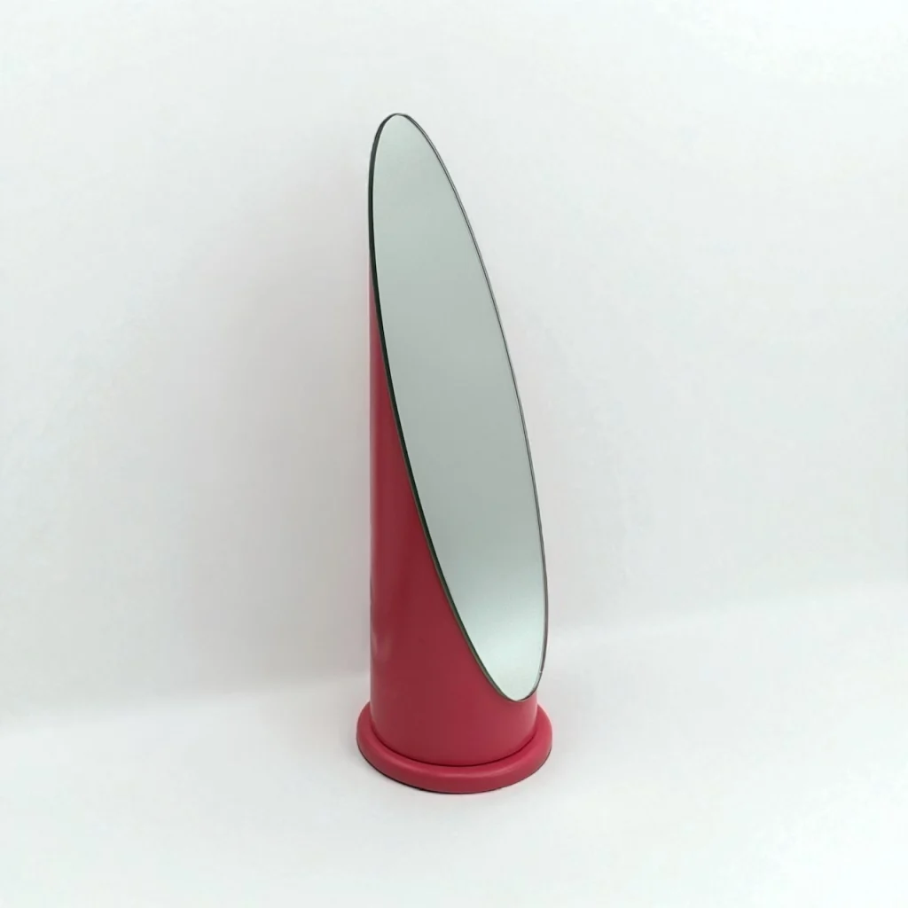 Fuchsia lipstick mirror in plastic and glass with oval glass from 1970s Italian Pop design