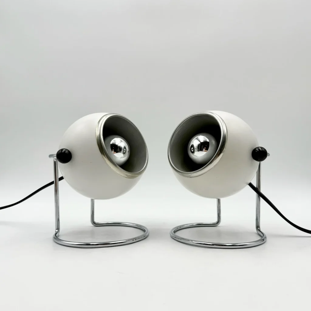 Vintage-Targetti-Sankey-eyeball-table-lamps-in-white-and-chrome-Italian-Space-Age-design-1970s