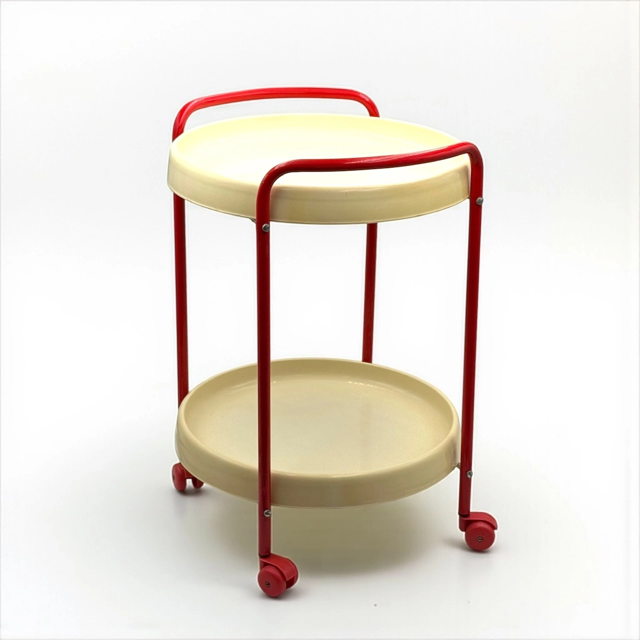 Vintage bar cart 1960s red frame beige plastic trays