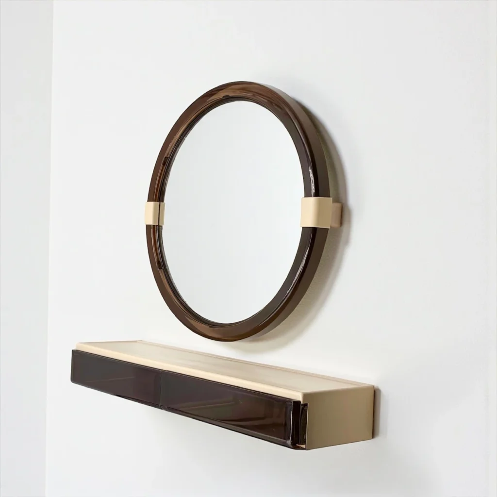 French Space Age mirror shelf with drawers smoked plastic 1970s