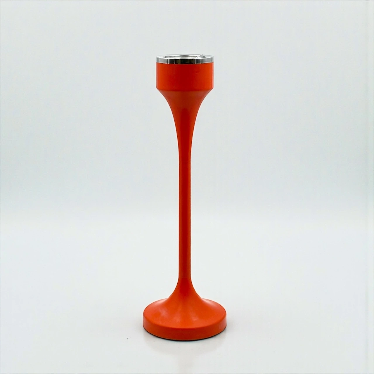 Italian space age ashtray floor standing in orange plastic and chrome from the 1970s