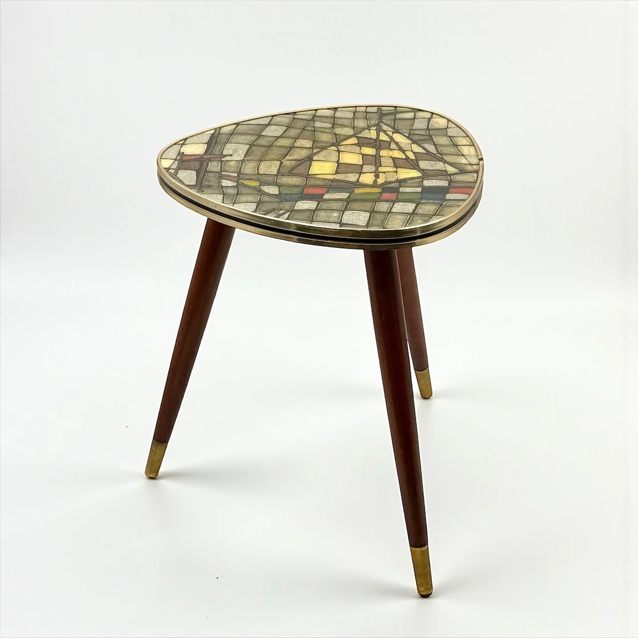 Italian mosaic tripod table 1950s with brass edge and turned wood legs