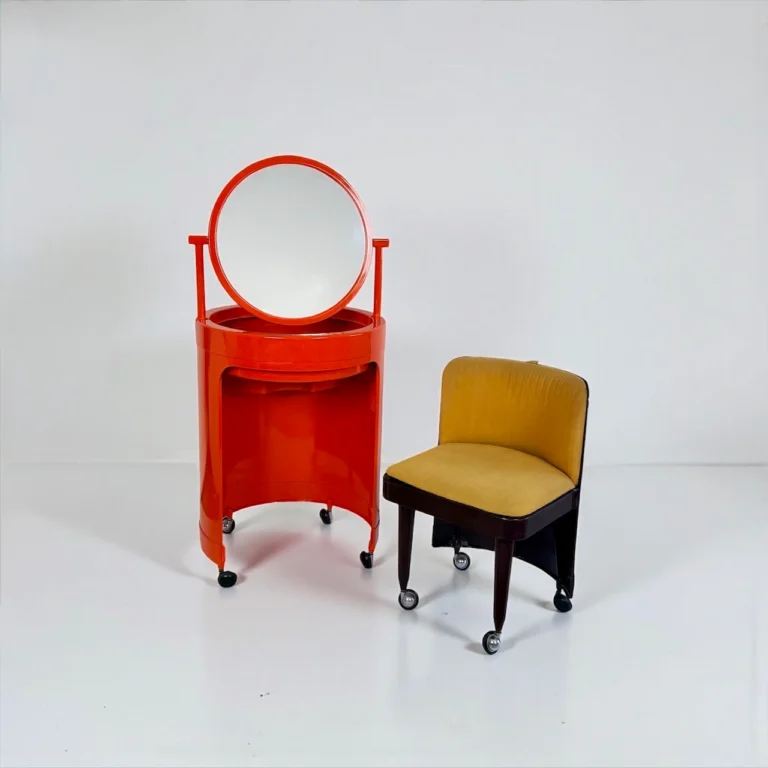 Silvi Plastic Vanity by Fanini Fain with orange vanity unit, dark brown seat and swivel mirror, Italy 1970s