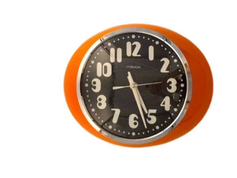 Space age wall clock with orange frame Milvox 1970s